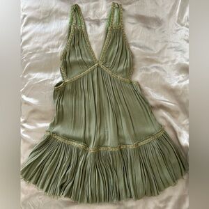 Sage Green Pleated V-Neck Women's Dress